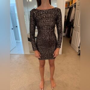 Dress the Population Sequin Black & Gold Long Sleeve Mini Dress